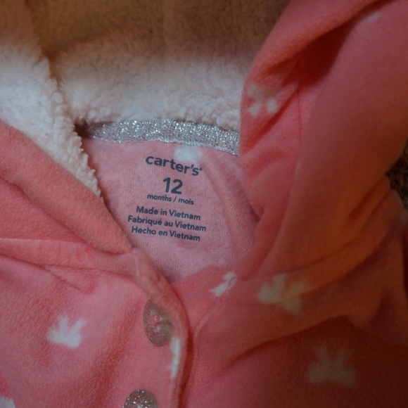 Girls Size 12mos Carter's Peachy-Pink Hooded Fleece Sweater - Picture 2 of 3